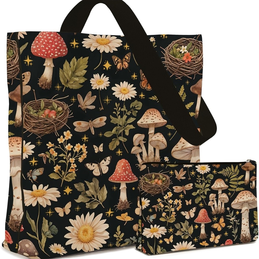 Floral and Mushroom Print Tote Bag with Cosmetic Pouch, NWT